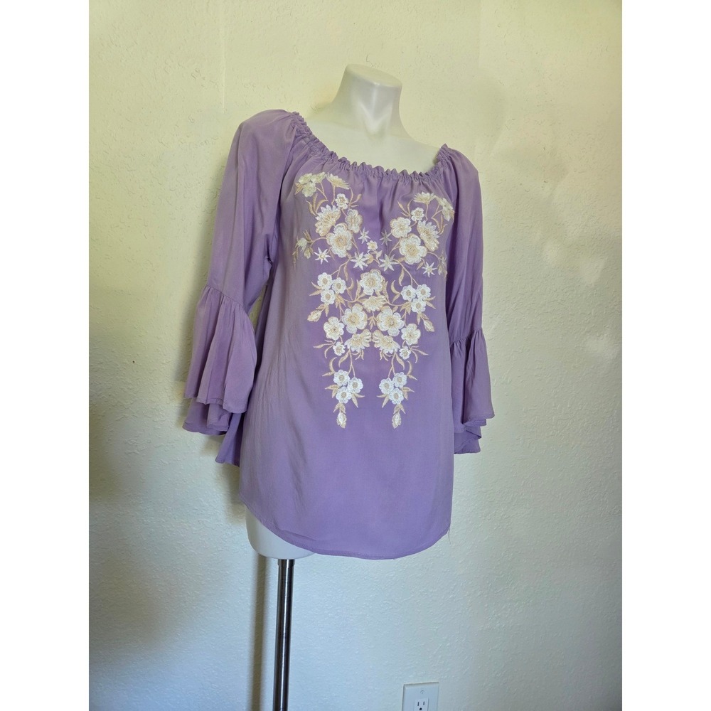 L London Lavender Purple Floral Embroidered Bell Sleeve Off Shoulder Blouse Top